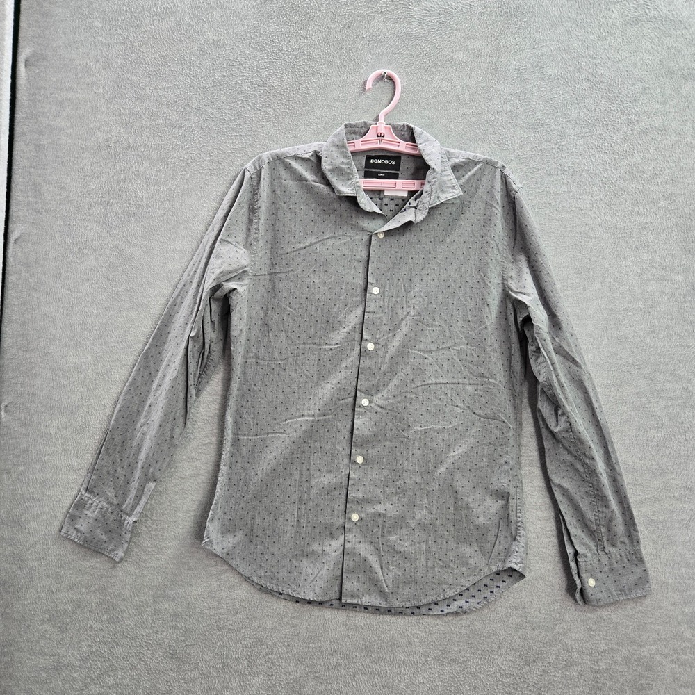 Bonobos Men Button Up Shirt M Gray Slim Fit Long Sleeve Logo Cotton Collar